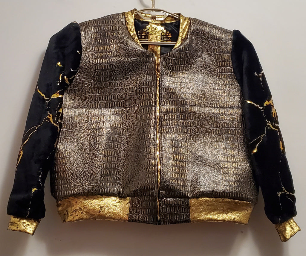 Front view of Faux alligator and marbled fur bomber jacket