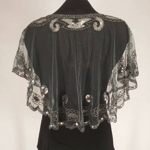 back view of Antique silver sequin beaded capelet shrug