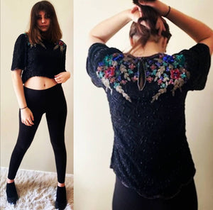 80s top with flower adorned beaded top on model. front and back view