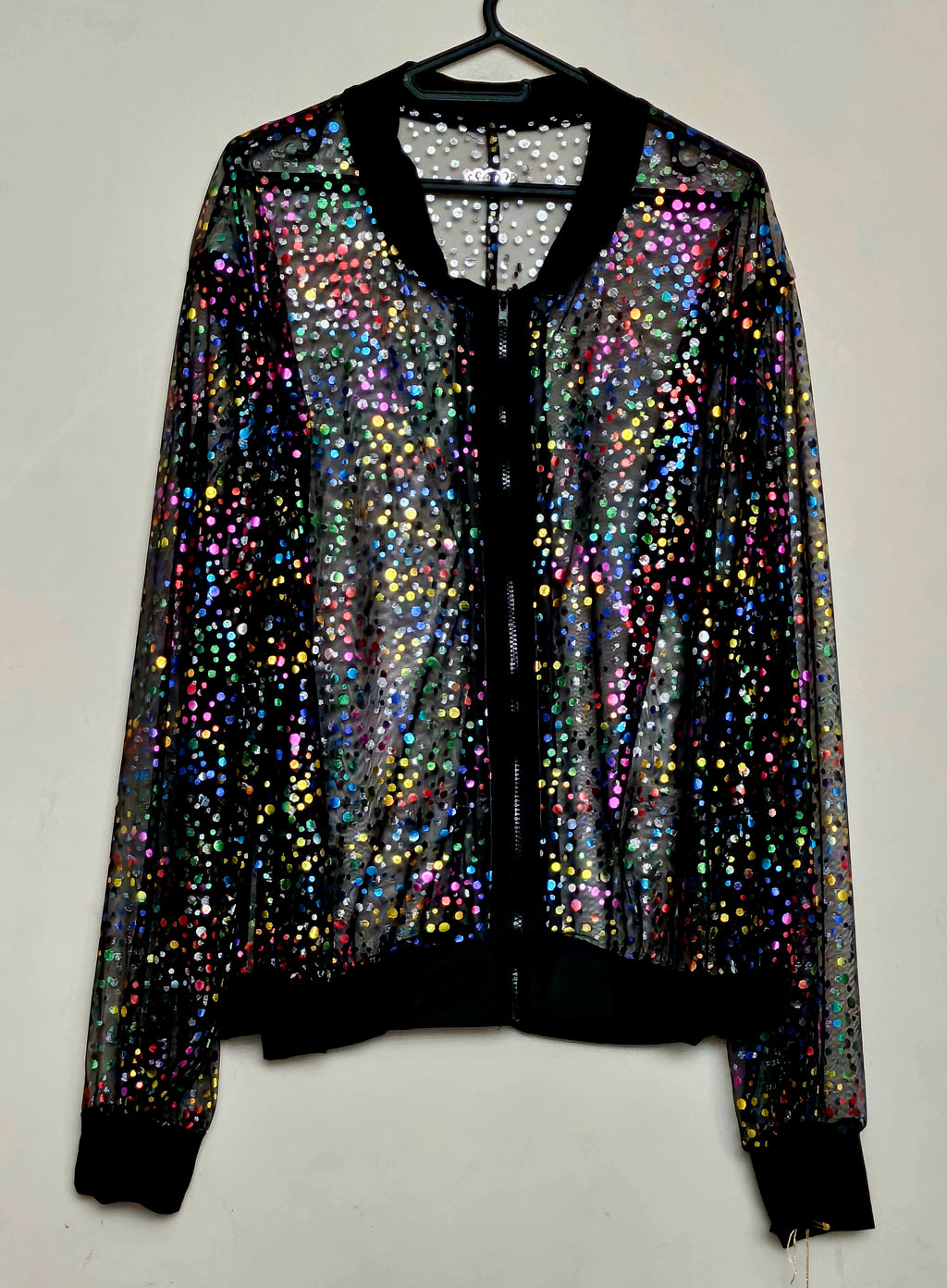 Front view of Sheer metallic confetti print bomber jacket