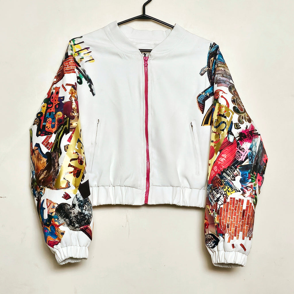 Front view of Retro street art inspired bomber jacket