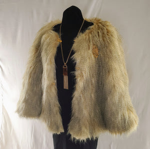 Gold and Tan Faux Fur Cape with vintage gold clasps and broach front view open