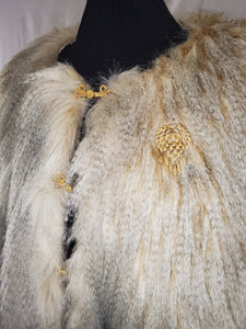 Vintage gold hooks with broach on faux fur cape