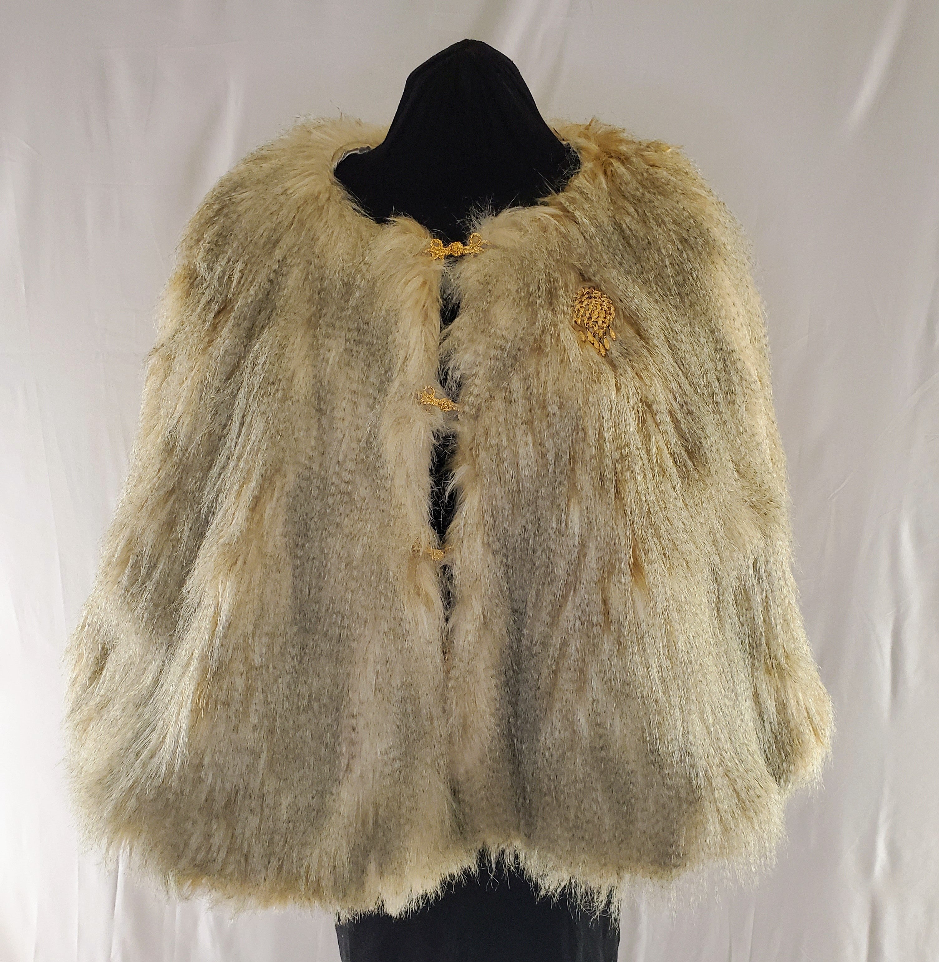 Gold and Tan Faux Fur Cape with vintage gold clasps and broach front view closed
