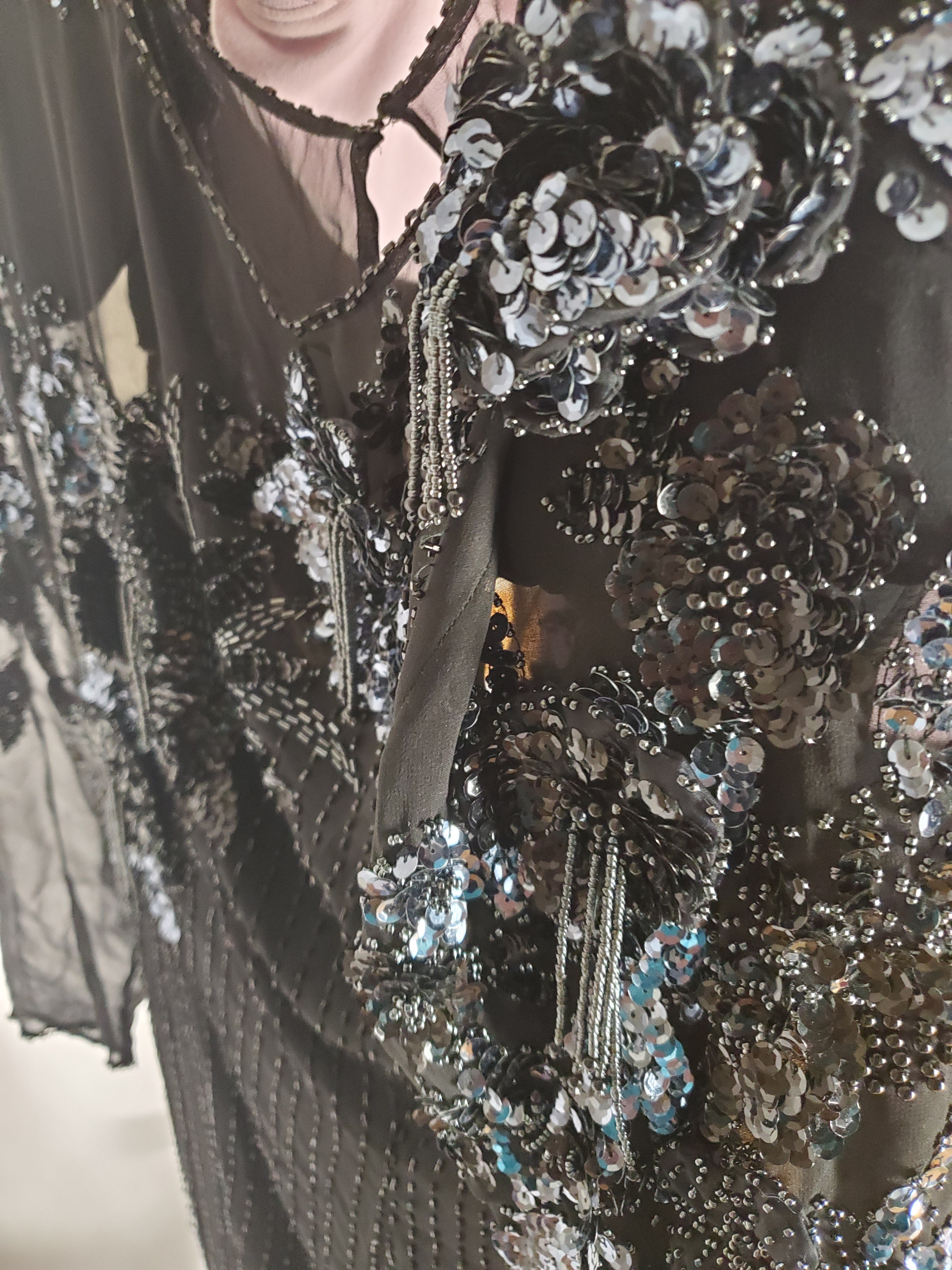 close up view of beading on Vintage Black and Gunmetal Beaded Dress