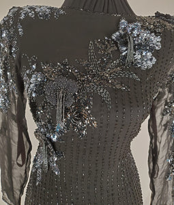 close up view of beading on the front of Vintage Black and Gunmetal Beaded Dress