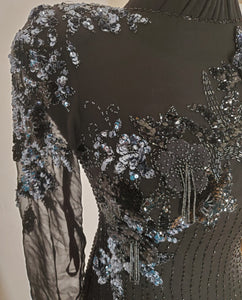 close up side view of beading on Vintage Black and Gunmetal Beaded Dress