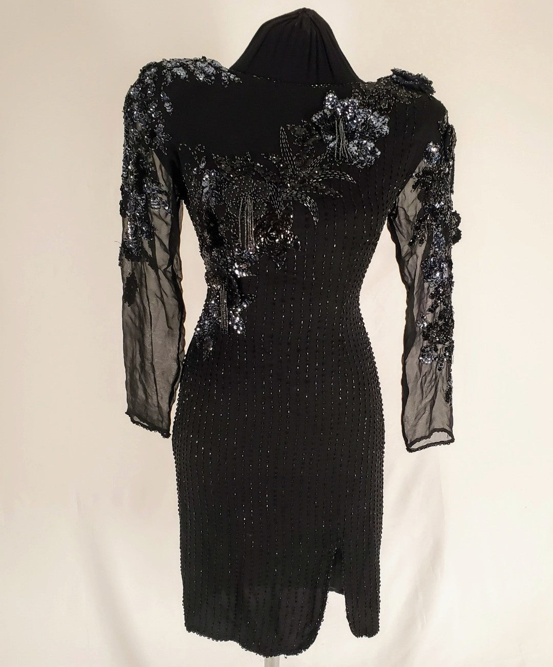 Front view of Vintage Black and Gunmetal Beaded Dress on mannequin